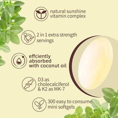 Vitamin D3 10000 iu Plus K2 (MK-7) 200 mcg, 180 Virgin Coconut Oil Softgels | 2 in 1 Vitamins