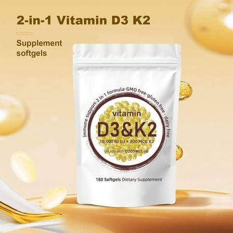 Vitamin D3 10000 iu Plus K2 (MK-7) 200 mcg, 180 Virgin Coconut Oil Softgels | 2 in 1 Vitamins