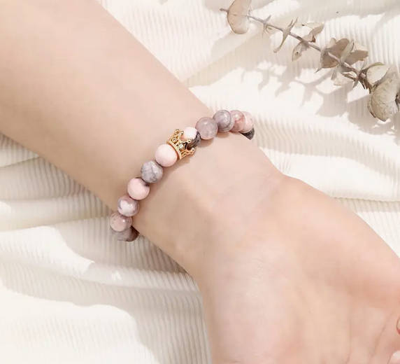 Bracelet - Pink and Grey tones and Golden Crown Pendant with Gift Card