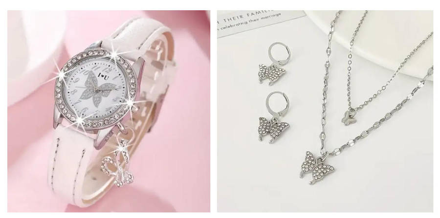 Butterfly Watch Necklace and Earring Jewellery Set