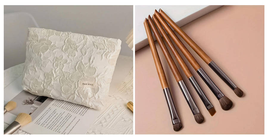 Vintage Style Makeup Bag with 5 PCS Birchwood Makeup Brush Set