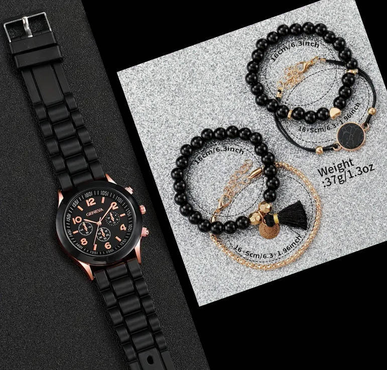 Watch and Bracelet Set - Black and Rose Gold