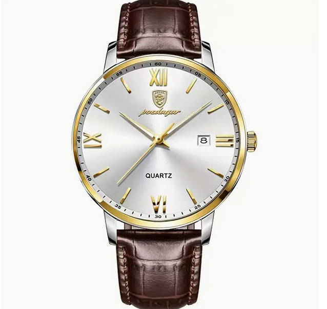 POEDAGAR Quartz Watch with Date Calendar - Brown Leather Strap