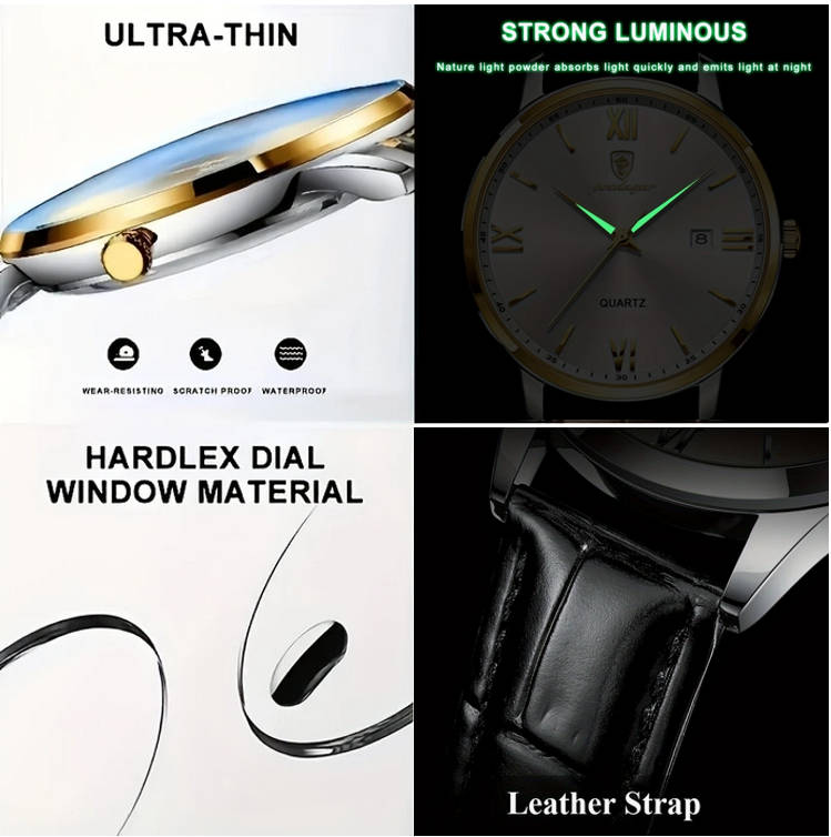 POEDAGAR Quartz Watch with Calendar and Black Leather Strap