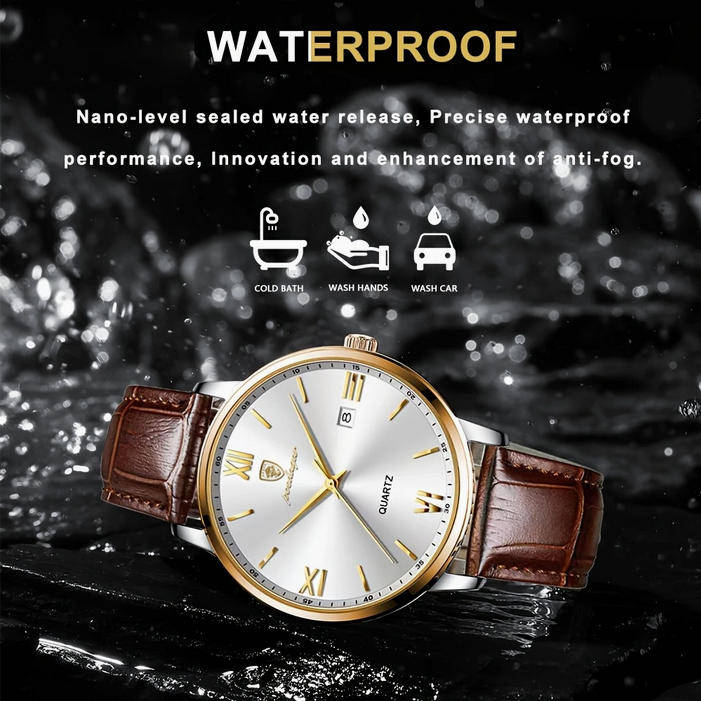 POEDAGAR Quartz Watch with Date Calendar - Brown Leather Strap