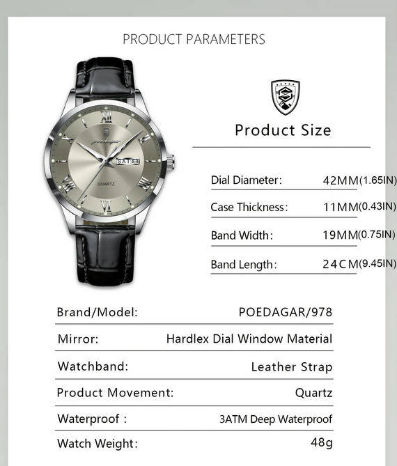 POEDAGAR Quartz Watch with Date and Day Calendar - Brown Leather Strap