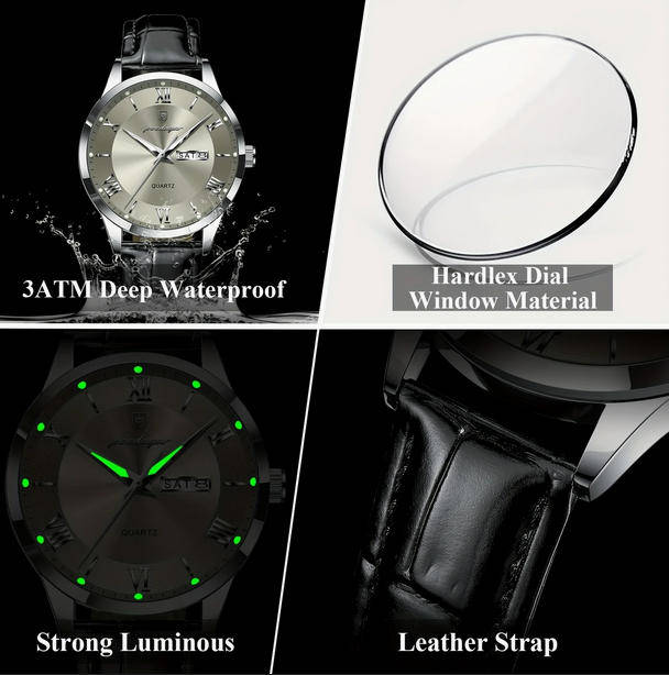 POEDAGAR Quartz Watch with Day and Date Calendar - Black Leather Strap