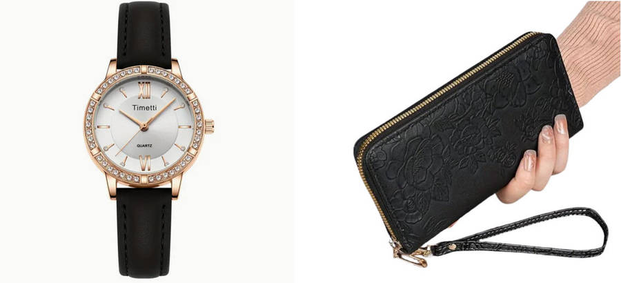 Watch and Floral Embossed Wallet - Black