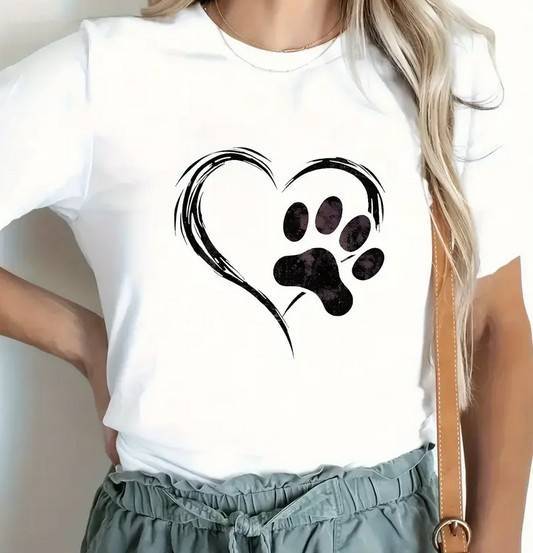 Heart and Paw Print Crew Neck T-Shirt - Large