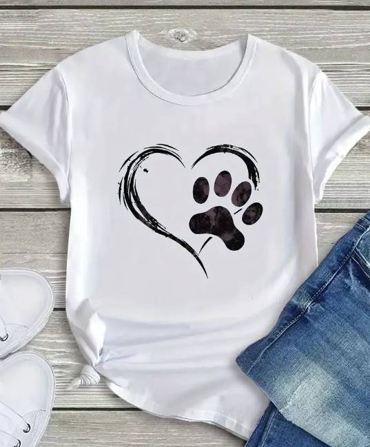 Heart and Paw Print Crew Neck T-Shirt - Large