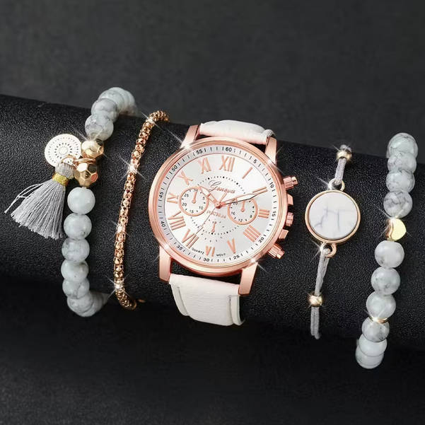Watch and Bracelet Set - White and Rose Gold