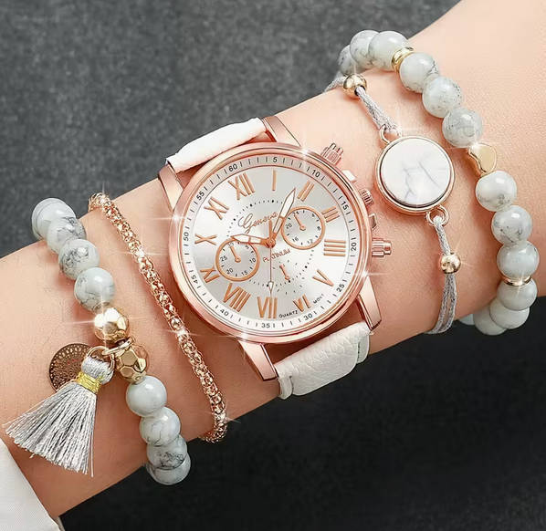 Watch and Bracelet Set - White and Rose Gold