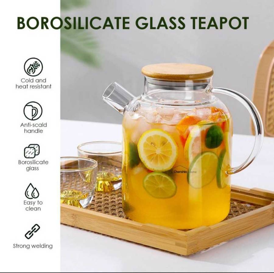 1.6L Traditional Borosilicate Glass Teapot with Wooden Lid