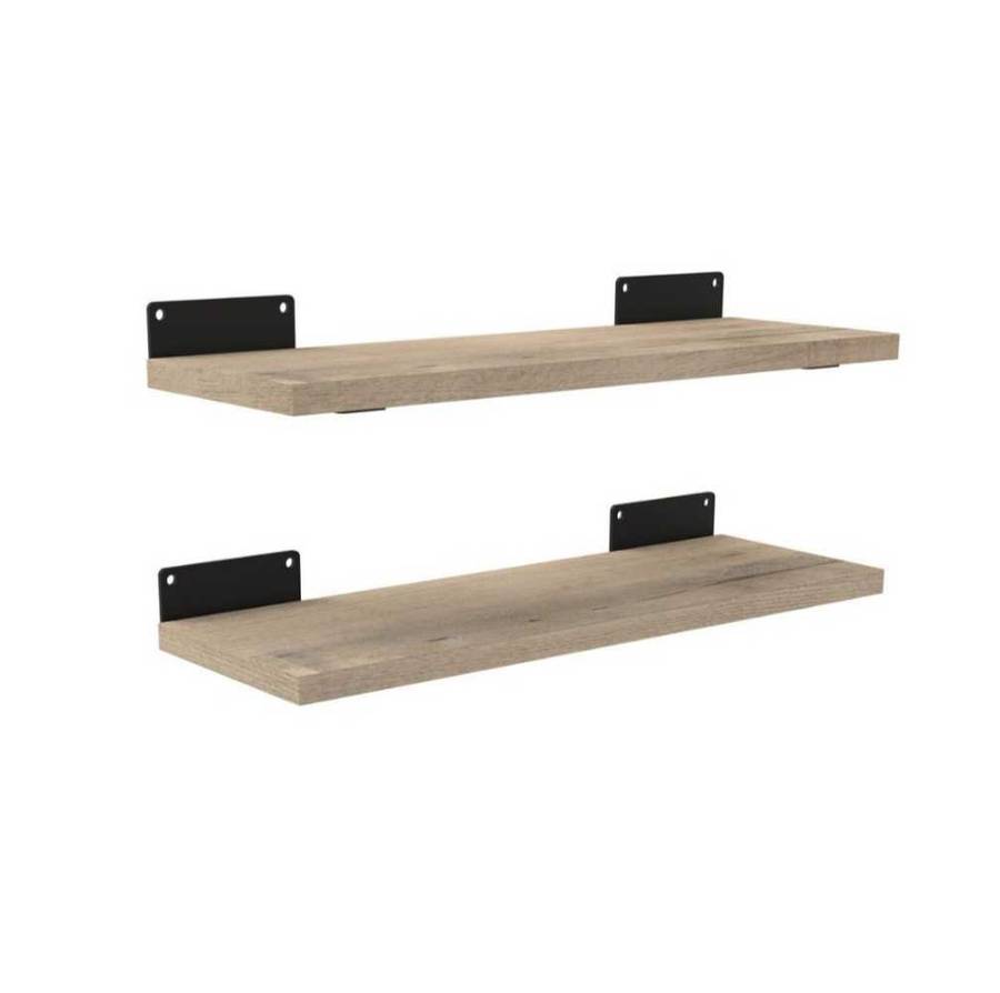 Wood Floating Shelves 2-Set with Metal Brackets for Office/Gym/Home - Woodgrain-Brown