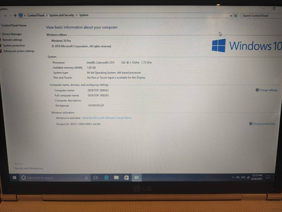 LG E500 Intel Celeron 15.6" Display 1GB Ram 320GB HDD Windows 10