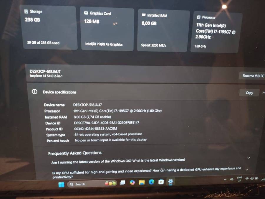 Dell Inspiron 5410 14" FHD Intel Core i7 11th Gen Processor 8GB Ram 256GB M.2 NVMe SSD Windows 11