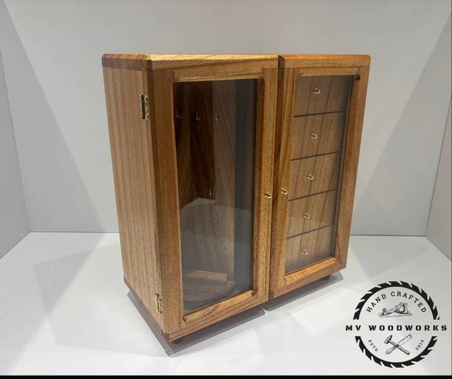 Handcrafted Jewellery Box with Glass Swing Doors and swing drawers