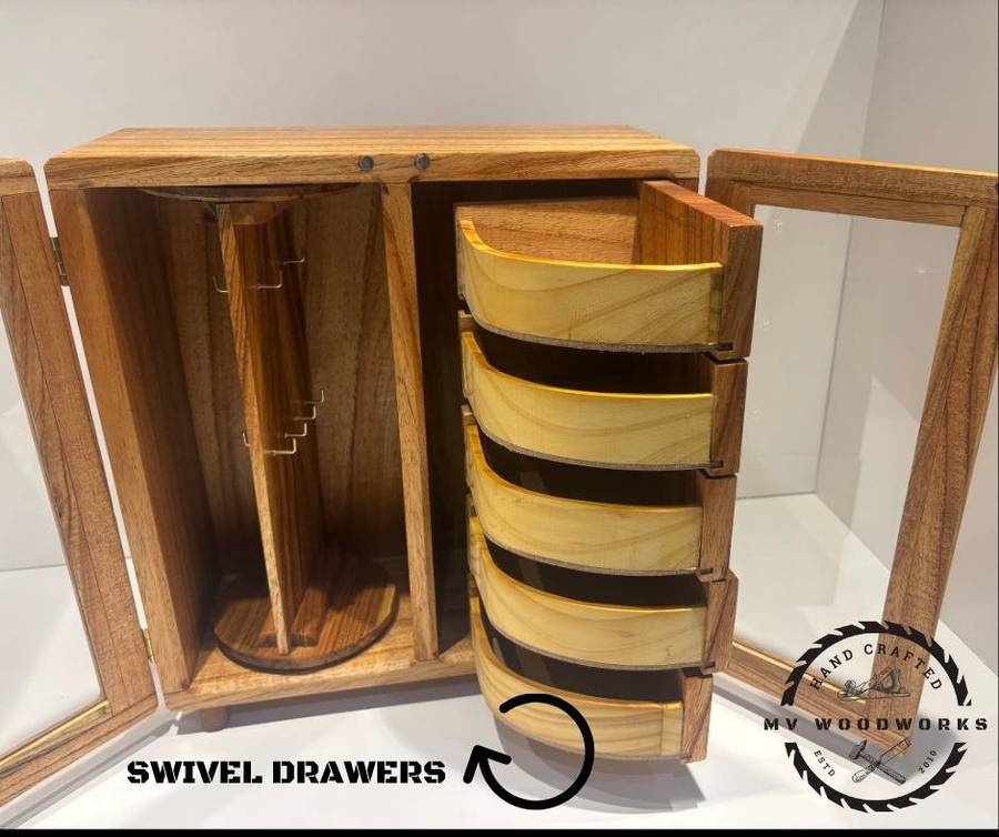 Handcrafted Jewellery Box with Glass Swing Doors and swing drawers
