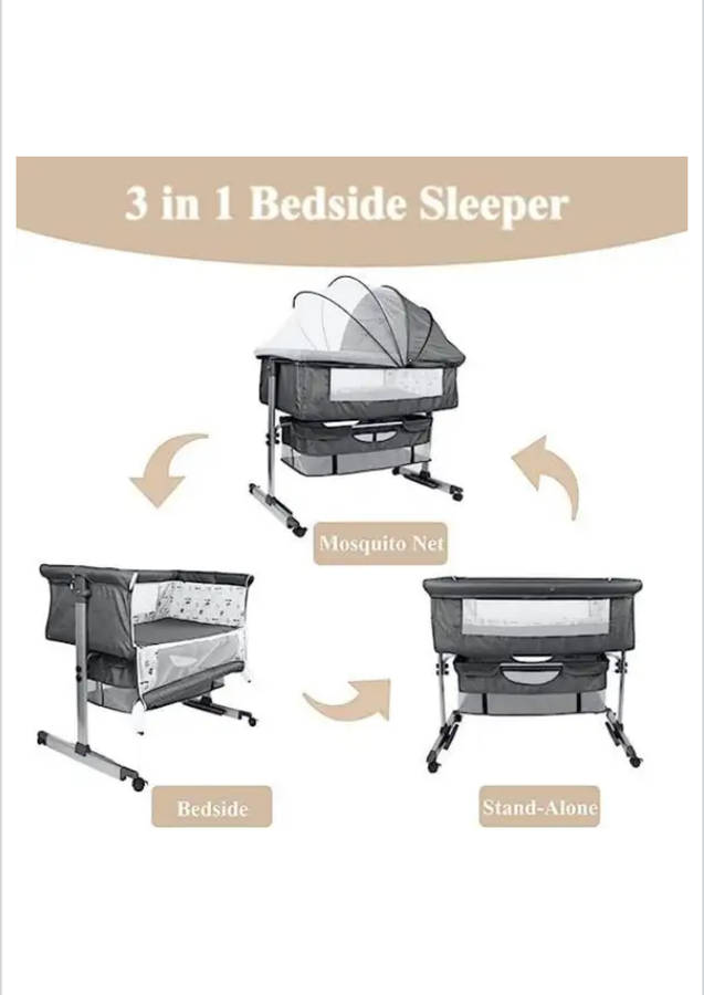 3 In 1 Bedside Baby Bassinet Sleeper Crib With Bed Nets-BLACK