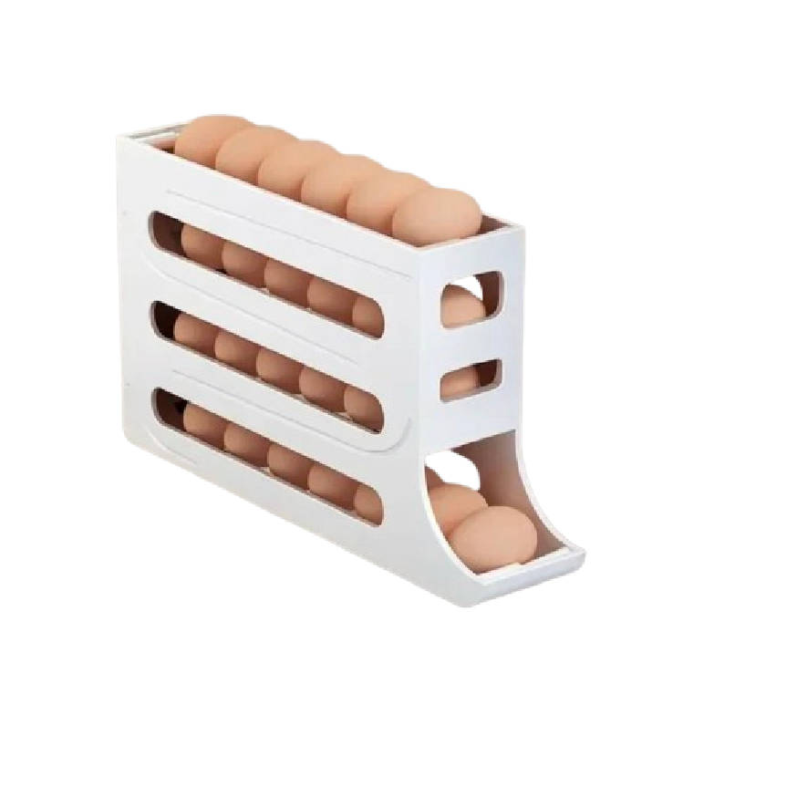 Automatic Rolling Egg Holder Storage Rack Large Capacity, Space-Saving - White