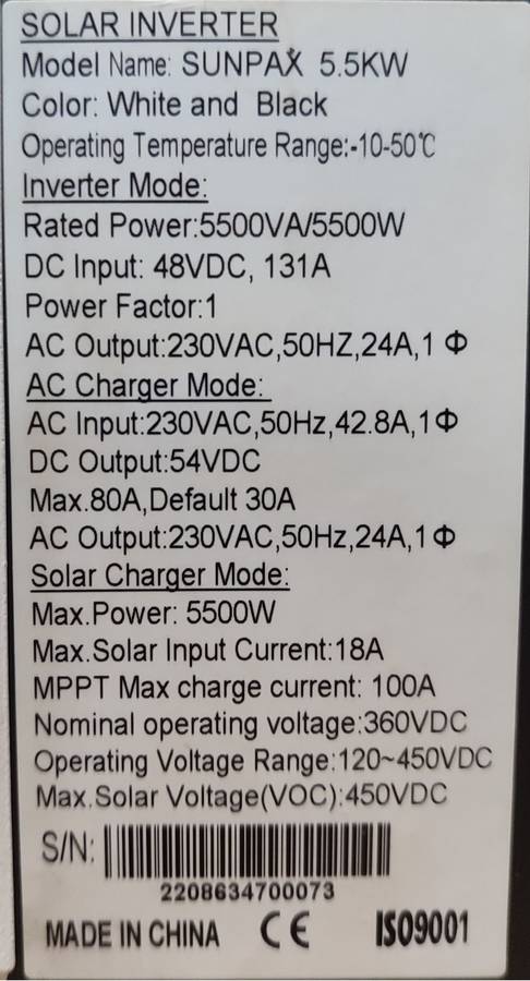 SUNPAX 5.5KW Solar Inverter - Please See Description / For Spares or Repair