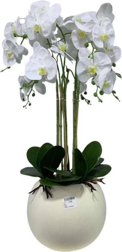 Elegant Artificial White Orchid Plant with Pot  Realistic Faux Phalaenopsis for Home Decor