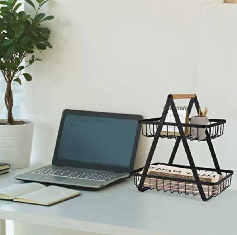Multi-purpose Metal Wire Storage Basket with Wooden Handle - Two-Tier and Single Options