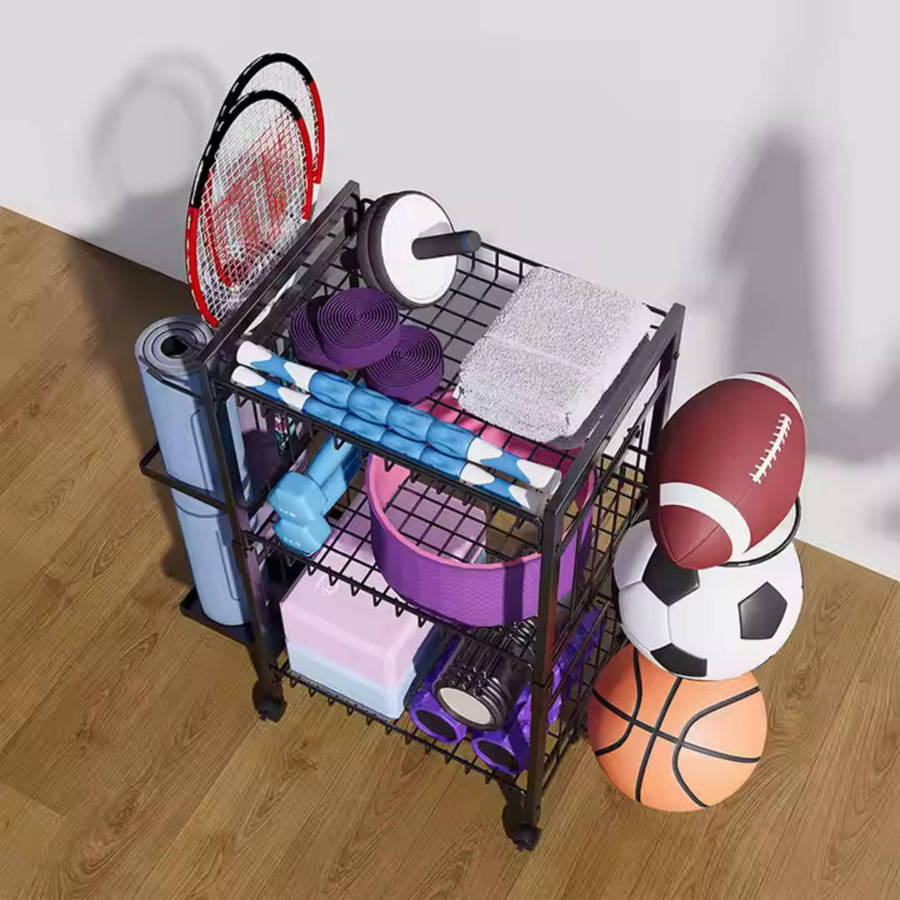Multi-Tier Rolling Sports & Household Organiser Rack  3 Shelves, Mobile Castors, and Integrated Hol