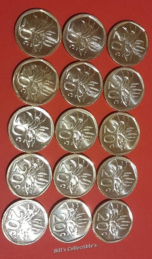 15 South African AU 2024 20 Cent Coins .