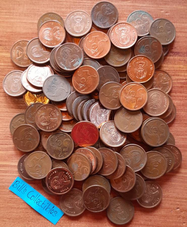 100 South African 3rd Decimal 5cent Coins . 1 bid Takes All.
