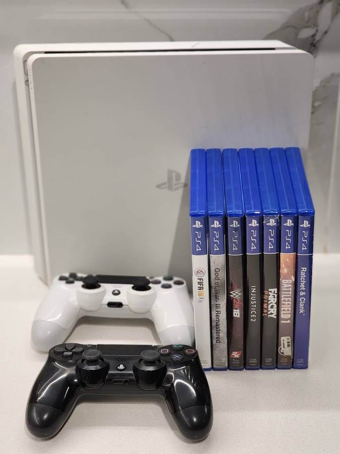 Sony PlayStation 4 Slim 500GB White Console Bundle + 2 Controllers + 7 Games