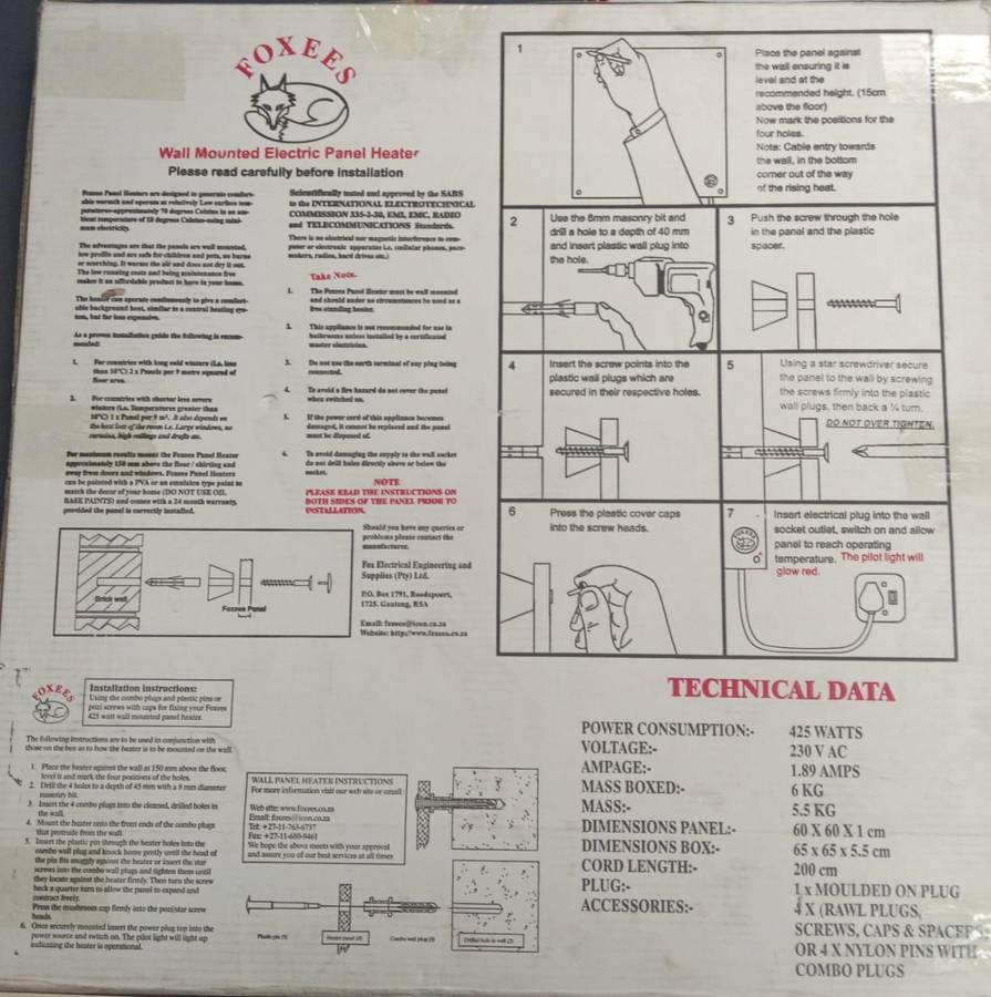 Foxess Wall Mounted Electrical Panel Heater 425W-Special