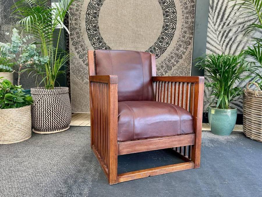 Fully Restored Oak Slatted Genuine Leather Occasional Chair