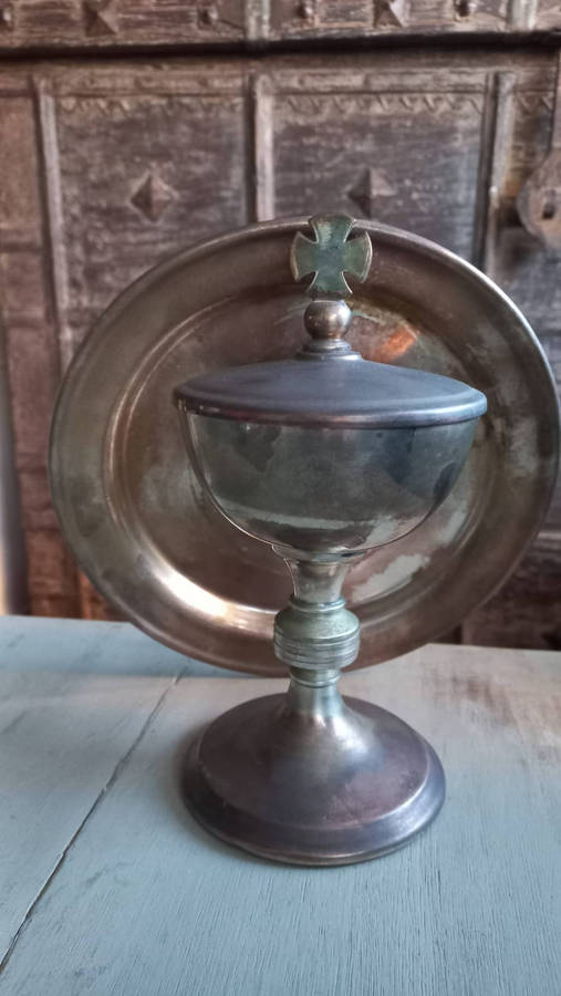 Vintage Ciborium with Cross Finial & 21cm Matching Paten  Complete Liturgical Set