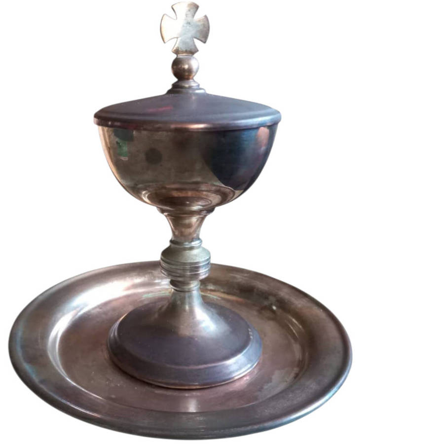 Vintage Ciborium with Cross Finial & 21cm Matching Paten  Complete Liturgical Set