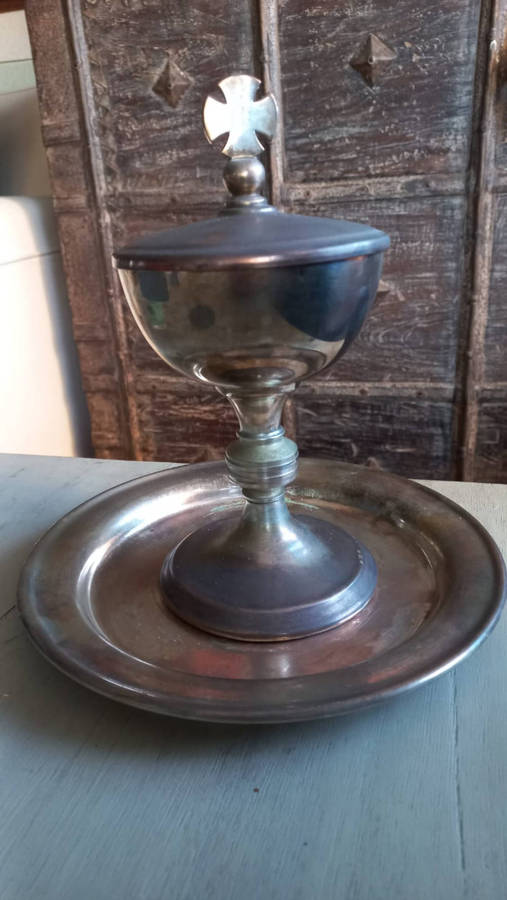 Vintage Ciborium with Cross Finial & 21cm Matching Paten  Complete Liturgical Set