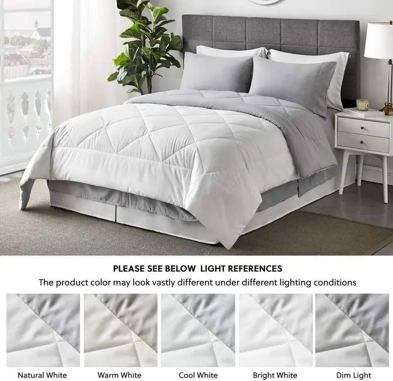 White-Grey 5pc Queen 2 King Microfibre Reversible Comforter Set, 1Comforter,2Std & 2Conti Pill Cases