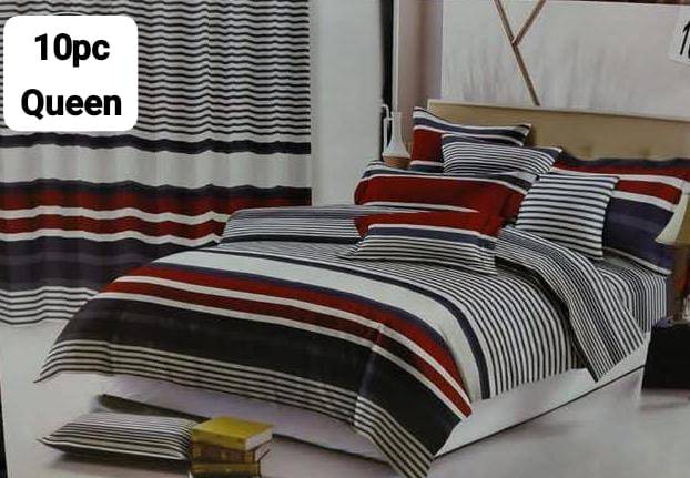10pc Queen Cotton Duvet Cover Set Includes 2 Matching Curtains