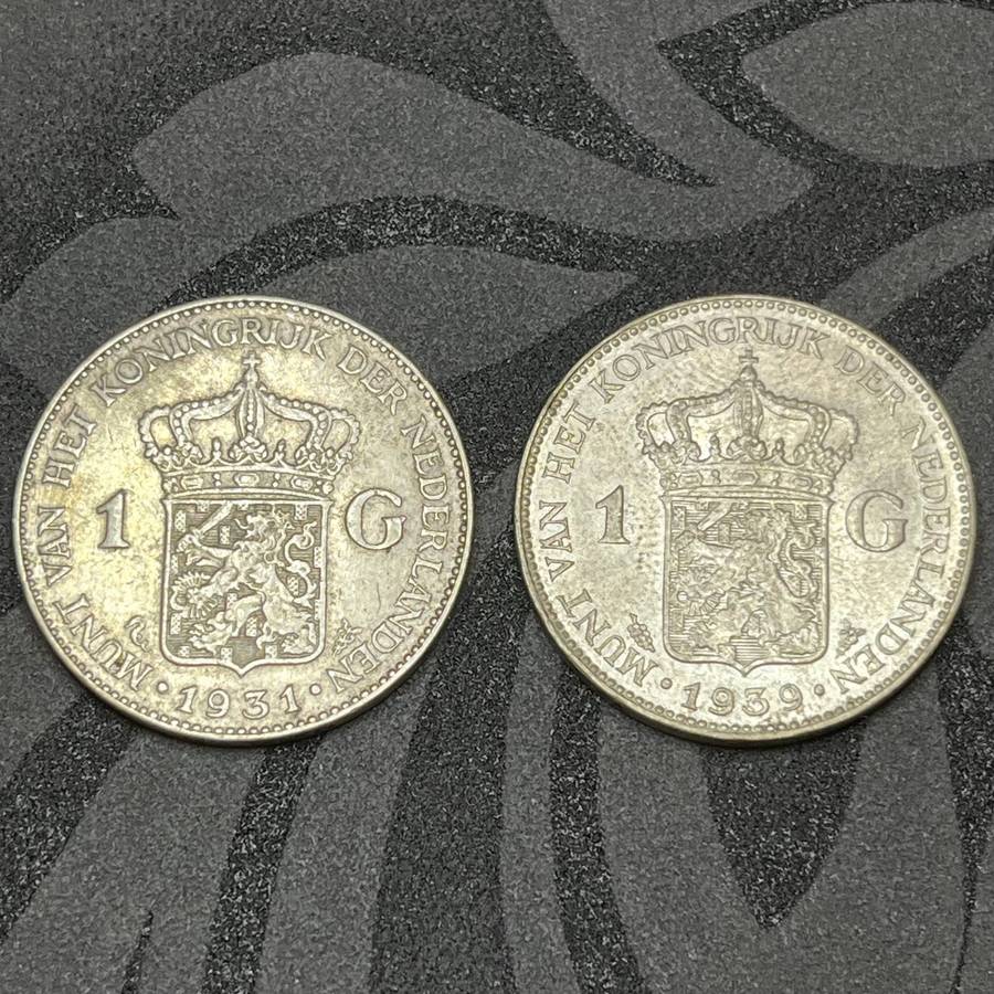1931 & 1939 Netherlands 1 Gulden Silver Set  Queen Wilhelmina