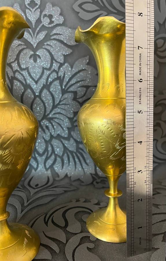  Set of 3 Vintage Hand-Etched Copper Vases  Elegant Decorative Pieces with Golden Patina 