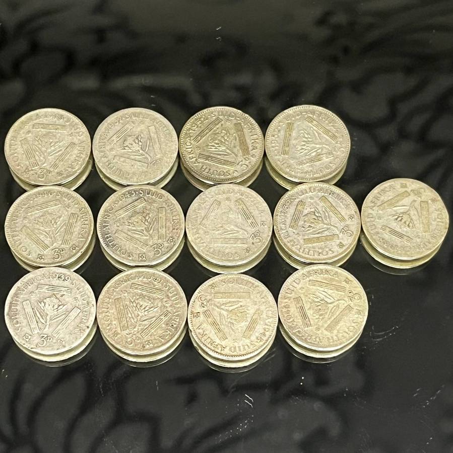 South Africa  Lot of 13x Silver Threepence Coins (1930s1940s, 80% Silver)