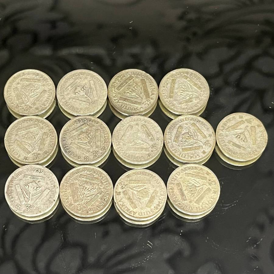 South Africa  Lot of 13x Silver Threepence Coins (1930s1940s, 80% Silver)