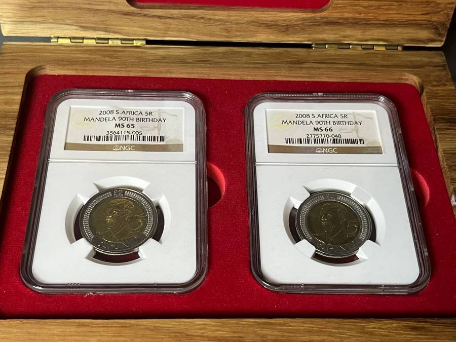 2008 Mandela 90th Birthday 5 Rand Prestige Graded Set  NGC MS65, MS66, MS67  Wooden Case & COA