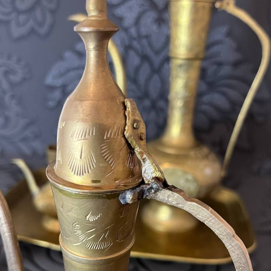 6-Piece Vintage Copper Ewer & Vase Set with Tray  Hand-Engraved
