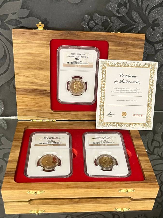 2008 Mandela 90th Birthday 5 Rand Prestige Graded Set  NGC MS65, MS66, MS67  Wooden Case & COA