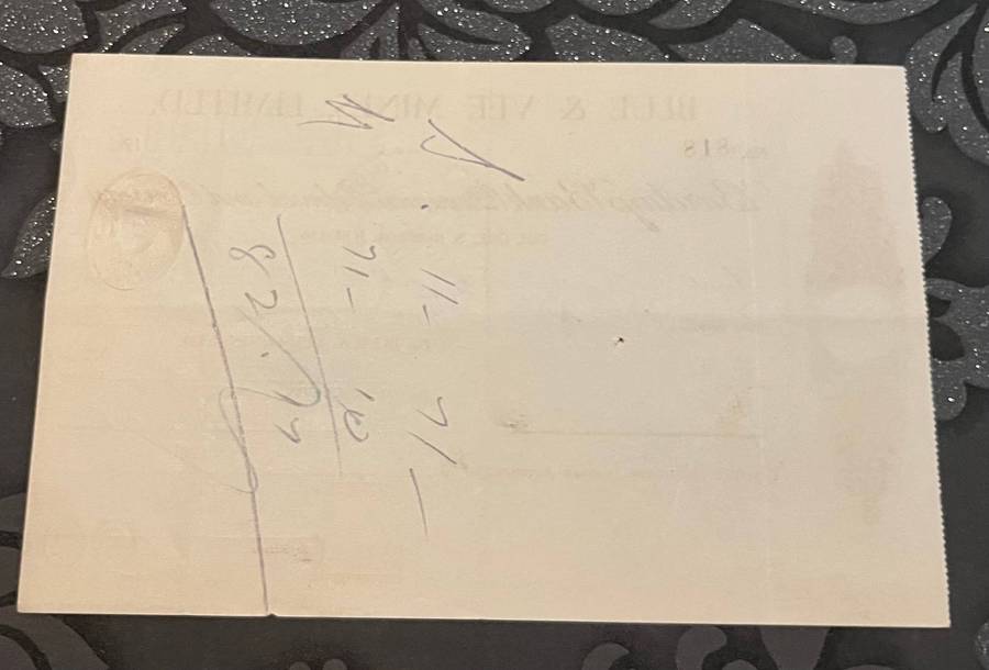 1943 Blue & Vee Mines Ltd Cheque  Que Que, Southern Rhodesia