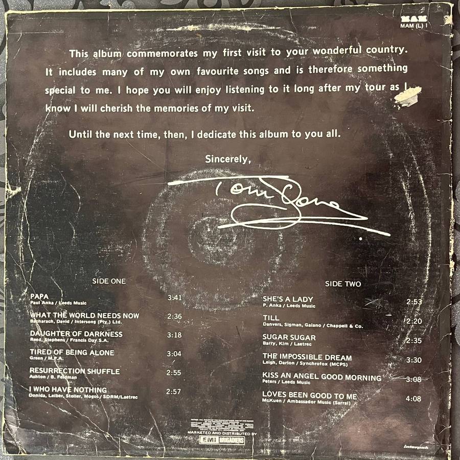 Tom Jones  Tour South Africa 76 LP (MAM Records MALW 17)