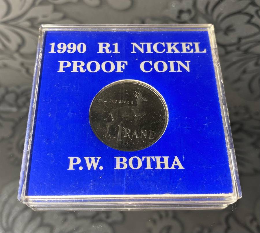 1990 R1 PW Botha Nickel Proof Coin  Blue Case