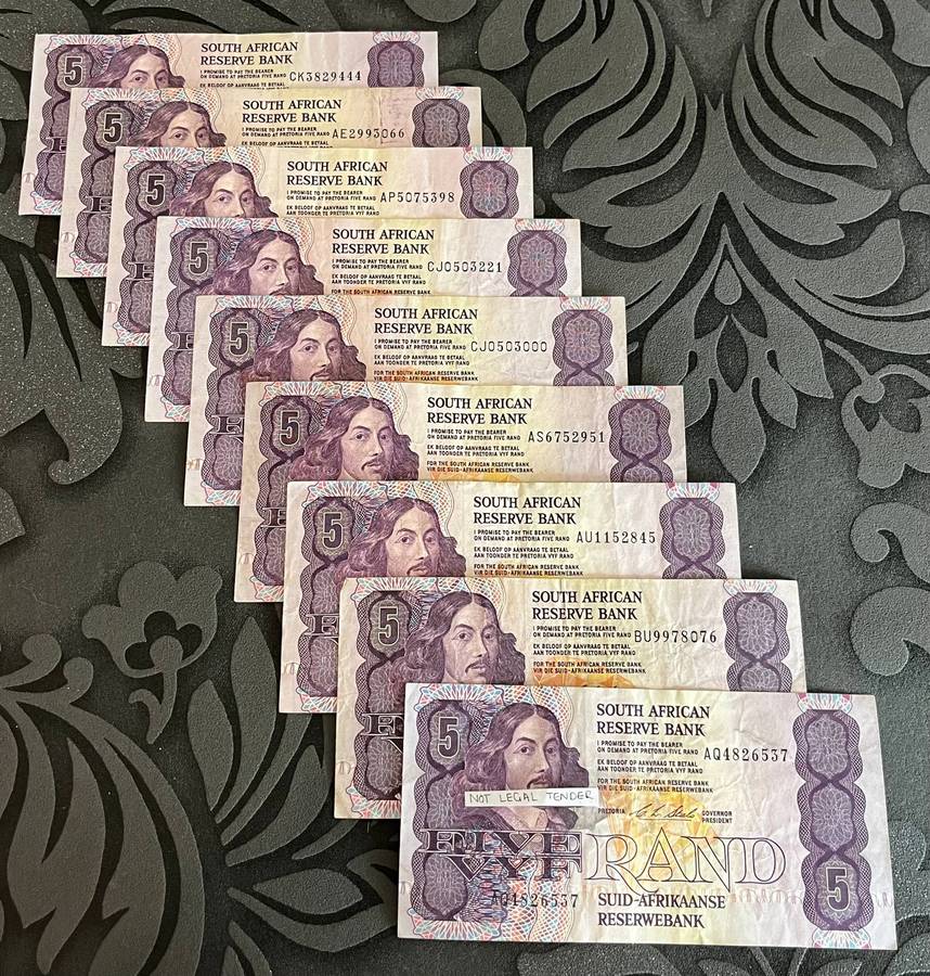 Set of 9  South Africa 5 Rand Banknotes  Old SARB Notes  Collectible Currency