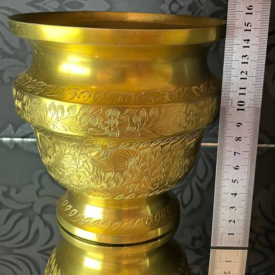 Large Vintage Engraved Copper Pot  Floral Motif (India)